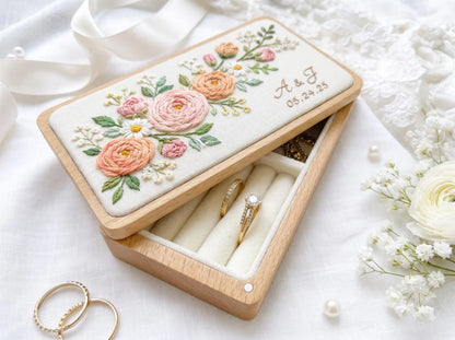 Personalized Mini Wooden Jewelry Box, Hand Embroidered Peach and Blush Ranunculus with White Daisies, Initials and Date Wedding Ring Box Set