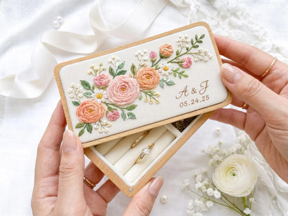 Personalized Mini Wooden Jewelry Box, Hand Embroidered Peach and Blush Ranunculus with White Daisies, Initials and Date Wedding Ring Box Set