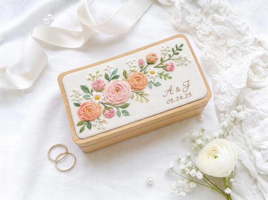 Personalized Mini Wooden Jewelry Box, Hand Embroidered Peach and Blush Ranunculus with White Daisies, Initials and Date Wedding Ring Box Set