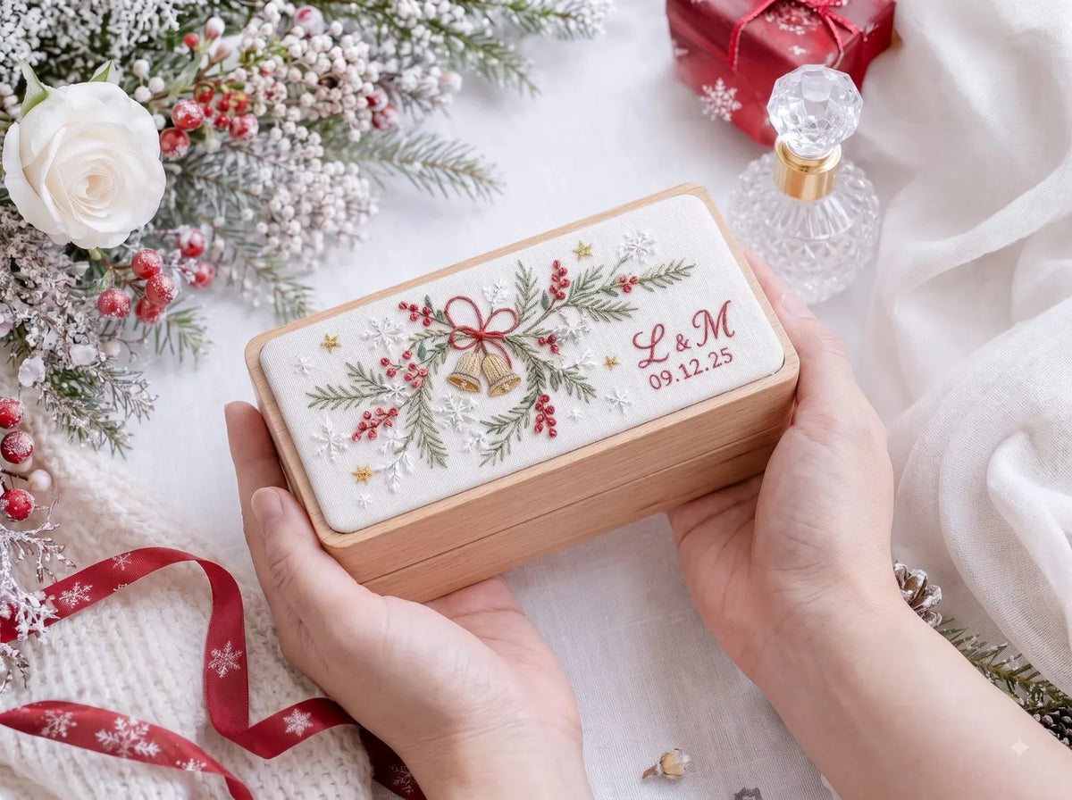 Personalized Mini Wooden Jewelry Box, Hand Embroidered Christmas Bells with Pine, Red Berries, Snowflakes, Initials & Date, Wedding Keepsake