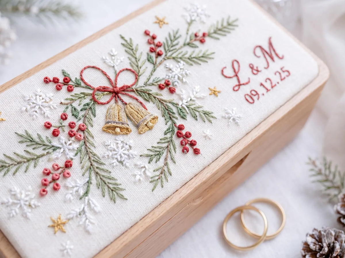 Personalized Mini Wooden Jewelry Box, Hand Embroidered Christmas Bells with Pine, Red Berries, Snowflakes, Initials & Date, Wedding Keepsake