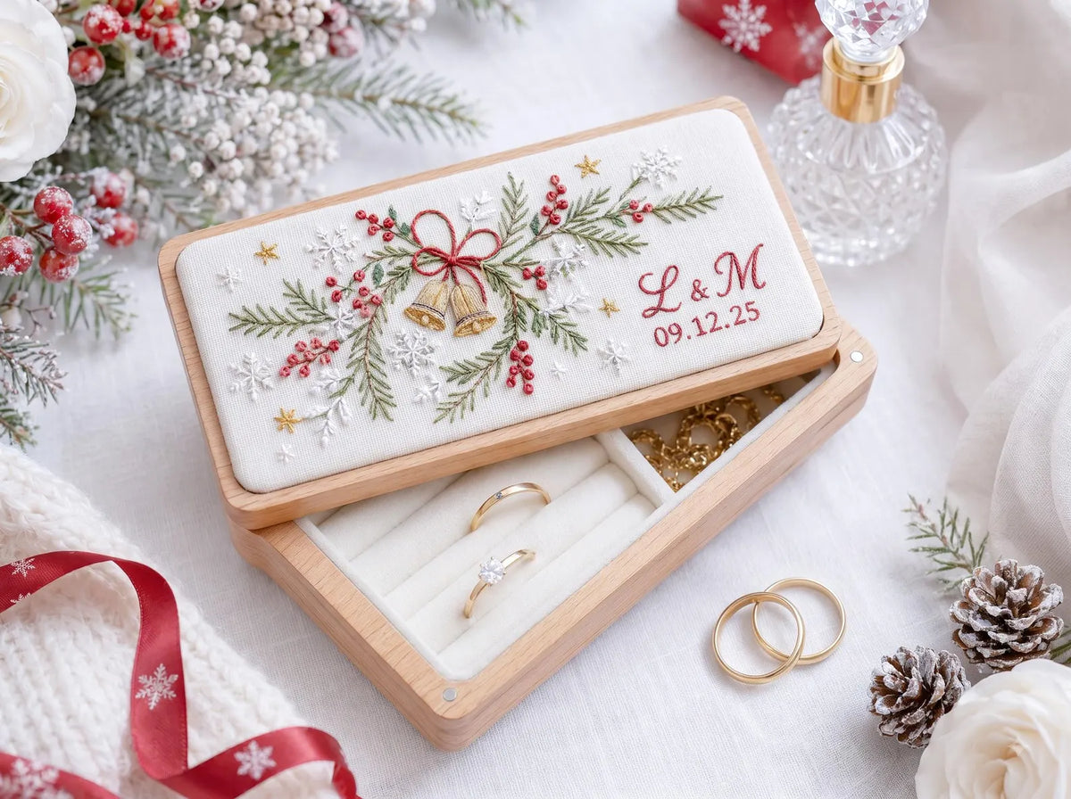 Personalized Mini Wooden Jewelry Box, Hand Embroidered Christmas Bells with Pine, Red Berries, Snowflakes, Initials & Date, Wedding Keepsake
