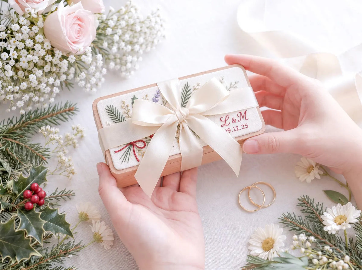 Mini Wooden Jewelry Box, Hand Embroidered Christmas Daisies with Pine, Holly Berries and Red Bow, Custom Initials and Date, Wedding Keepsake