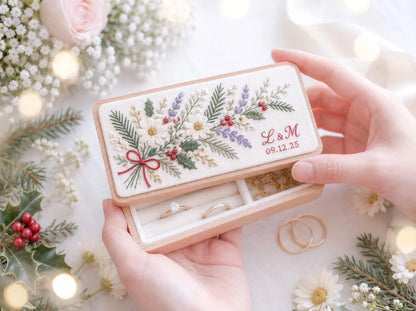 Mini Wooden Jewelry Box, Hand Embroidered Christmas Daisies with Pine, Holly Berries and Red Bow, Custom Initials and Date, Wedding Keepsake