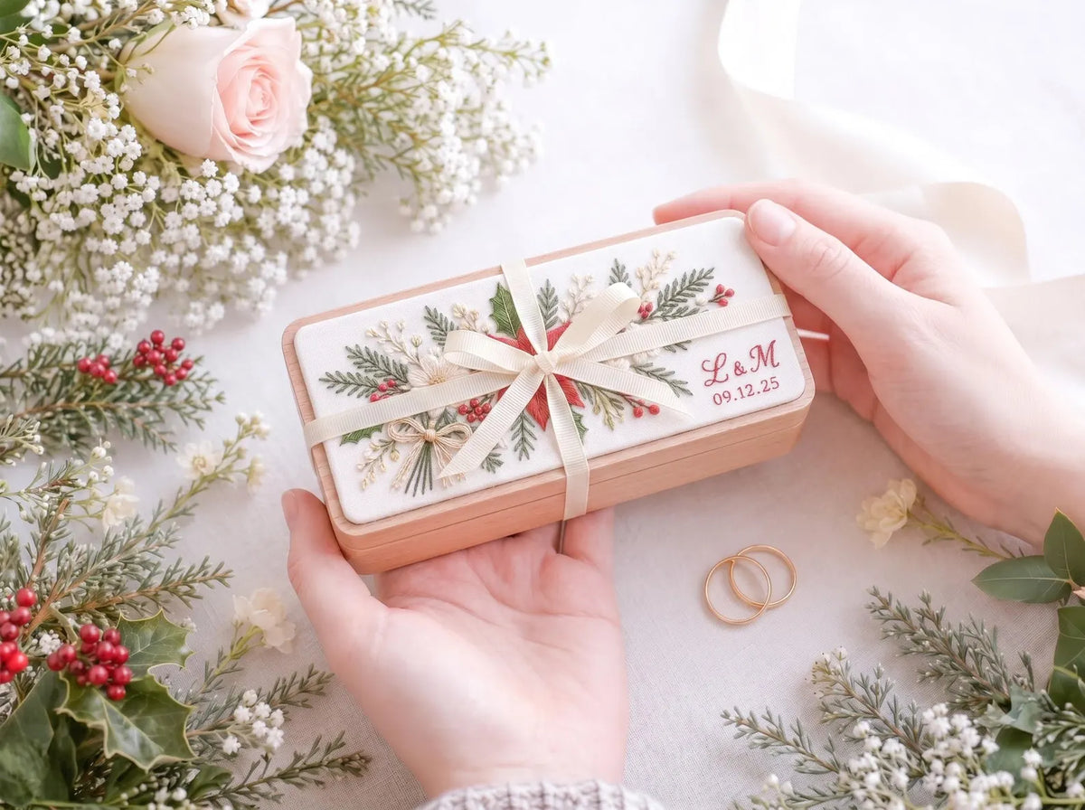 Personalized Mini Wooden Jewelry Box, Hand Embroidered Poinsettia, Holly, Pine and Red Berries, Initials and Date Christmas Wedding Keepsake