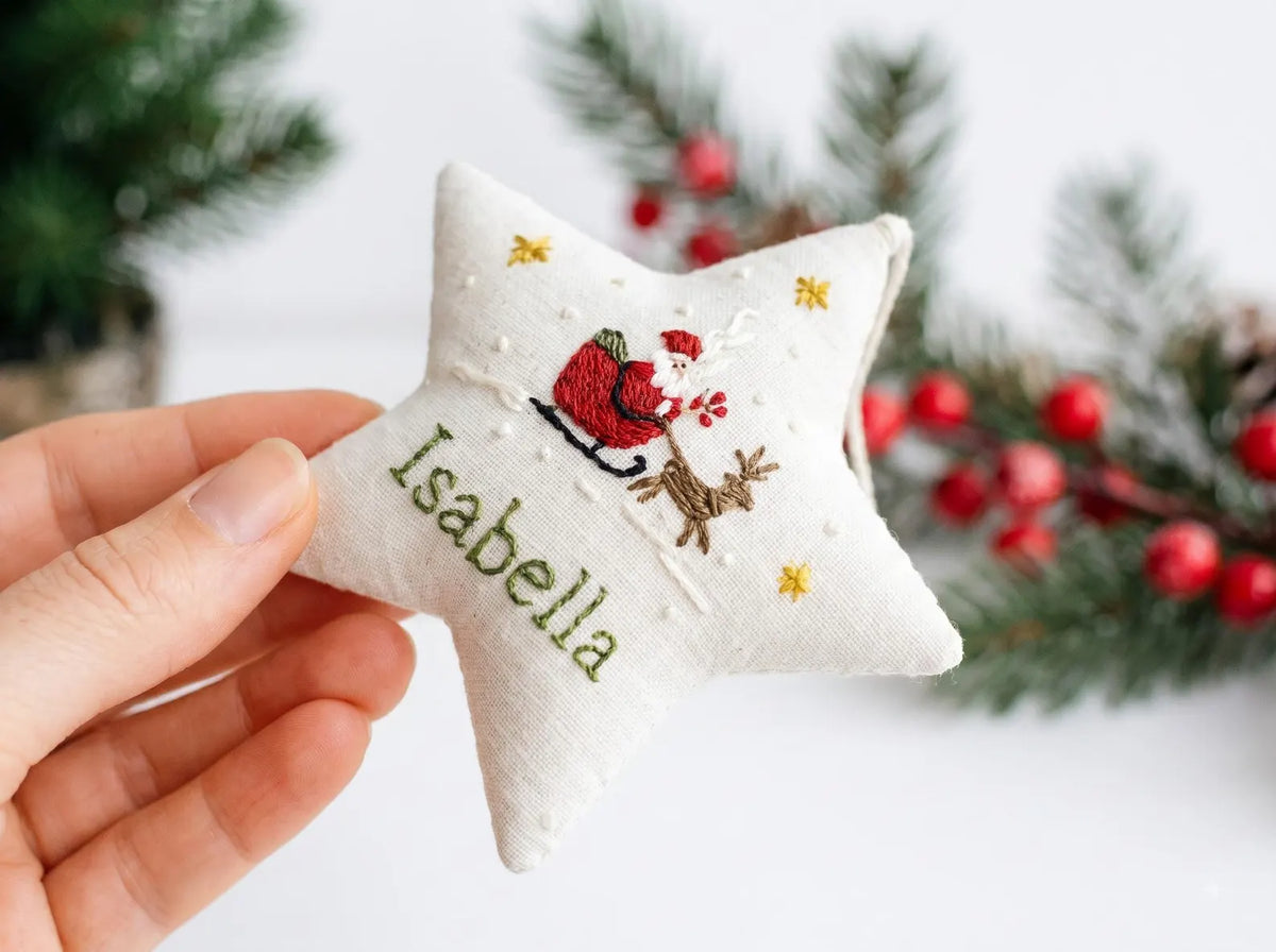 Personalized Embroidered Christmas Ornament – Linen Tree, Star & Heart Shapes, Personalized Holiday Gift, Handmade Decoration Keepsake