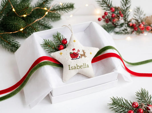Personalized Embroidered Christmas Ornament – Linen Tree, Star & Heart Shapes, Personalized Holiday Gift, Handmade Decoration Keepsake