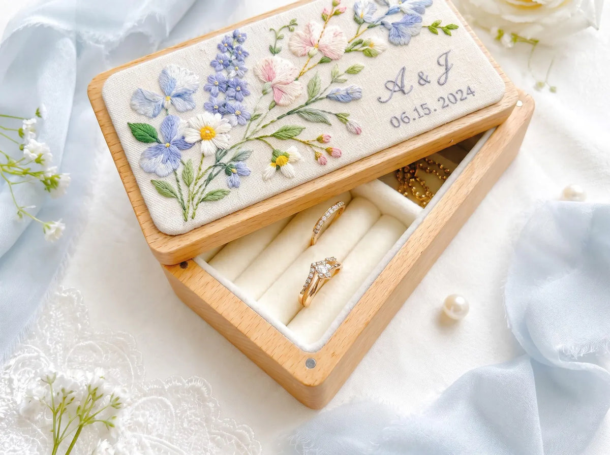 Personalized Mini Wood Jewelry Box, Hand Embroidered Blue Hydrangea, Pink Sweet Pea, Forget Me Nots and Daisies, Names and Date Wedding Gift