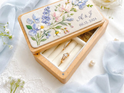 Personalized Mini Wood Jewelry Box, Hand Embroidered Blue Hydrangea, Pink Sweet Pea, Forget Me Nots and Daisies, Names and Date Wedding Gift