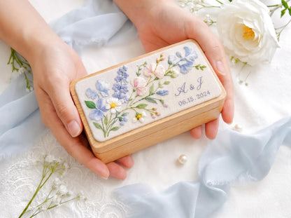 Personalized Mini Wood Jewelry Box, Hand Embroidered Blue Hydrangea, Pink Sweet Pea, Forget Me Nots and Daisies, Names and Date Wedding Gift