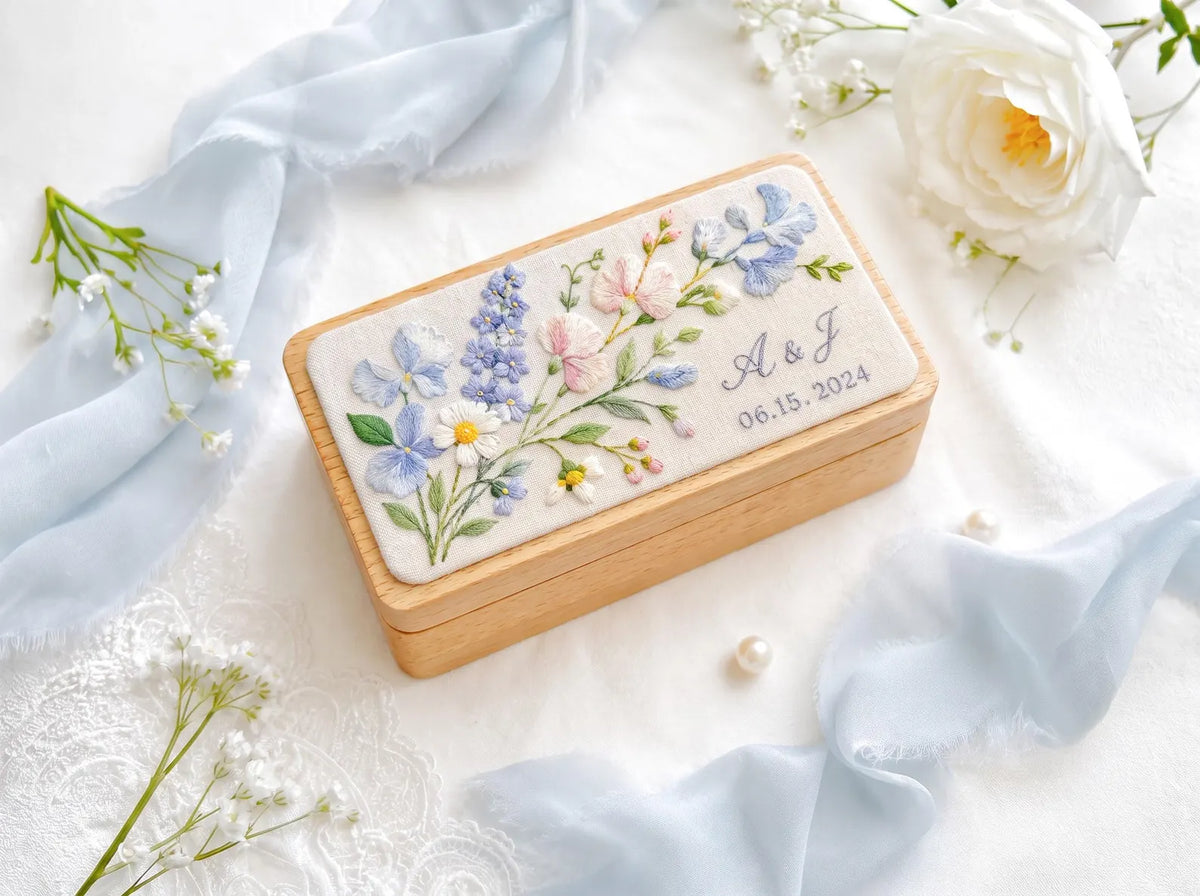 Personalized Mini Wood Jewelry Box, Hand Embroidered Blue Hydrangea, Pink Sweet Pea, Forget Me Nots and Daisies, Names and Date Wedding Gift