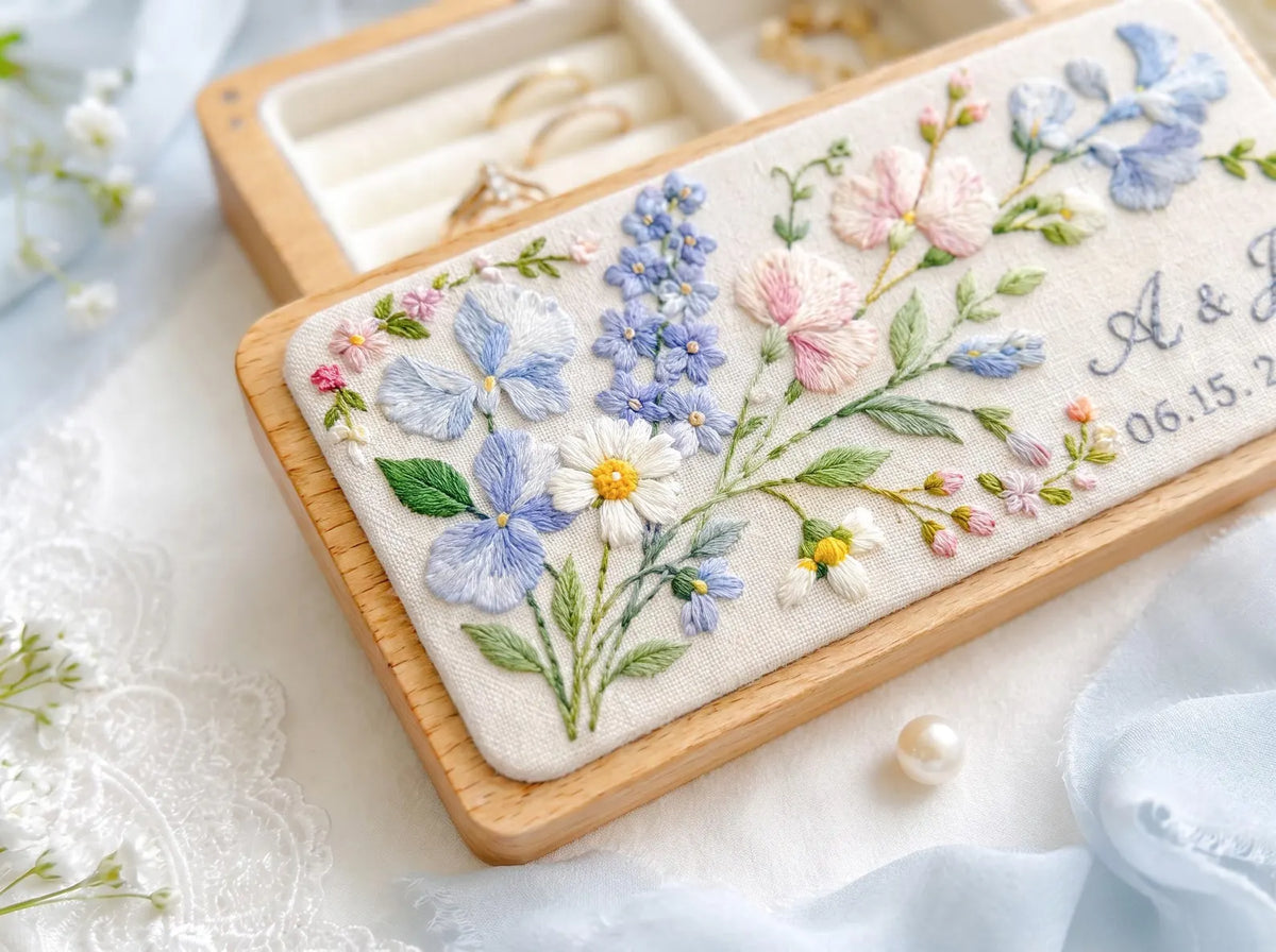 Personalized Mini Wood Jewelry Box, Hand Embroidered Blue Hydrangea, Pink Sweet Pea, Forget Me Nots and Daisies, Names and Date Wedding Gift