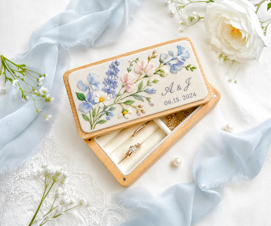 Personalized Mini Wood Jewelry Box, Hand Embroidered Blue Hydrangea, Pink Sweet Pea, Forget Me Nots and Daisies, Names and Date Wedding Gift