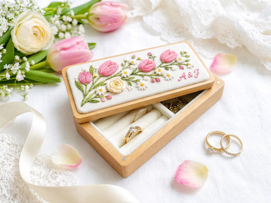 Personalized Mini Wooden Jewelry Box, Hand Embroidered Pink Tulips, White Daisies and Ivory Ranunculus, Custom Initials Wedding Keepsake Box