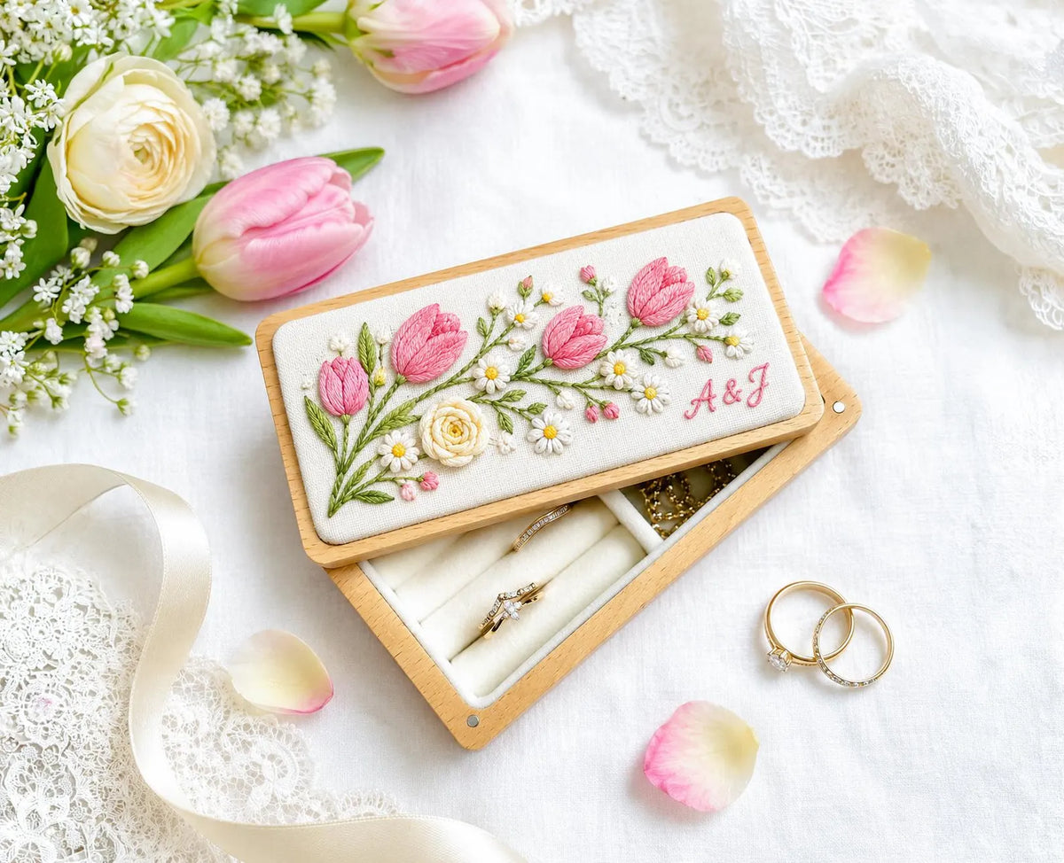 Personalized Mini Wooden Jewelry Box, Hand Embroidered Pink Tulips, White Daisies and Ivory Ranunculus, Custom Initials Wedding Keepsake Box