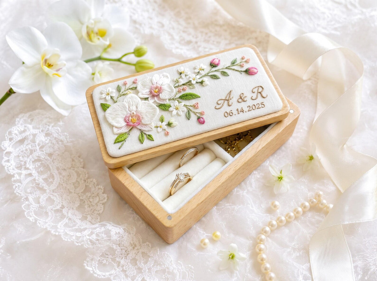 Personalized Mini Wooden Jewelry Box, Hand Embroidered White Orchids and Jasmine Flowers, Custom Wedding Keepsake Gift for Bride