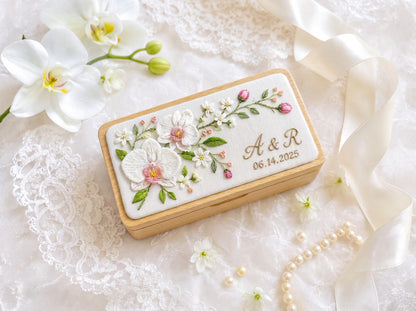 Personalized Mini Wooden Jewelry Box, Hand Embroidered White Orchids and Jasmine Flowers, Custom Wedding Keepsake Gift for Bride