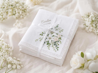 Personalized Stargazer Lily Handkerchief, Custom Wedding Bouquet Embroidery, White Rose Bridal Gift, Mother of the Bride Keepsake