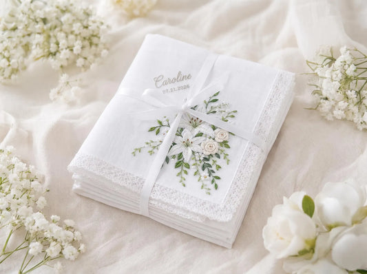 Personalized Stargazer Lily Handkerchief, Custom Wedding Bouquet Embroidery, White Rose Bridal Gift, Mother of the Bride Keepsake
