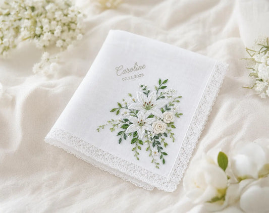 Personalized Stargazer Lily Handkerchief, Custom Wedding Bouquet Embroidery, White Rose Bridal Gift, Mother of the Bride Keepsake