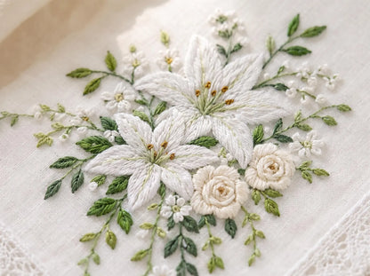 Personalized Stargazer Lily Handkerchief, Custom Wedding Bouquet Embroidery, White Rose Bridal Gift, Mother of the Bride Keepsake