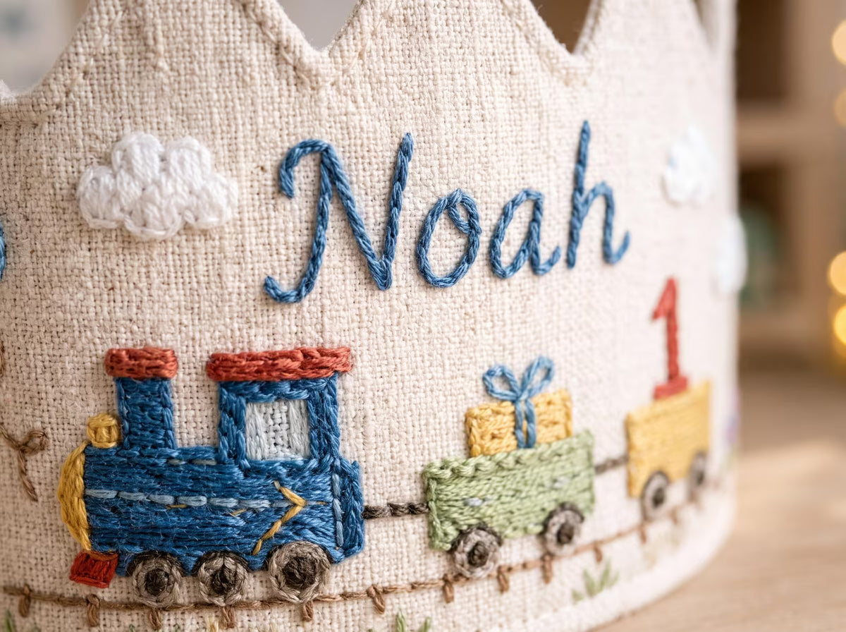 Personalized Embroidered Birthday Crown Hat, Custom Linen Baby Birthday Crown, First Birthday Train Crown, Keepsake Toddler Birthday Gift