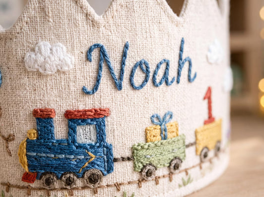 Personalized Embroidered Birthday Crown Hat, Custom Linen Baby Birthday Crown, First Birthday Train Crown, Keepsake Toddler Birthday Gift