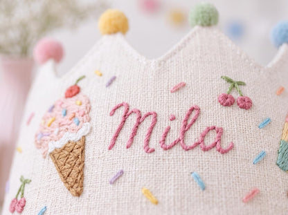 Custom Embroidered Birthday Crown for Kids, Personalized Train Birthday Hat, First Birthday Crown, Baby Birthday Photo Prop, Linen Crown