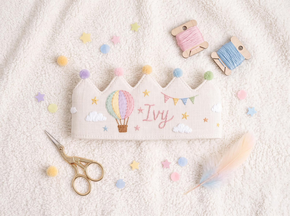 Custom Embroidered Birthday Crown for Kids, Personalized Train Birthday Hat, First Birthday Crown, Baby Birthday Photo Prop, Linen Crown