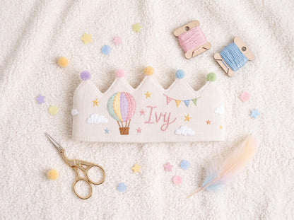 Custom Embroidered Birthday Crown for Kids, Personalized Train Birthday Hat, First Birthday Crown, Baby Birthday Photo Prop, Linen Crown