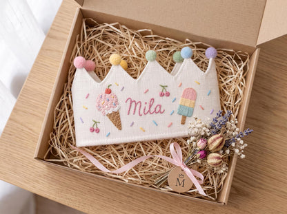 Custom Embroidered Birthday Crown for Kids, Personalized Train Birthday Hat, First Birthday Crown, Baby Birthday Photo Prop, Linen Crown
