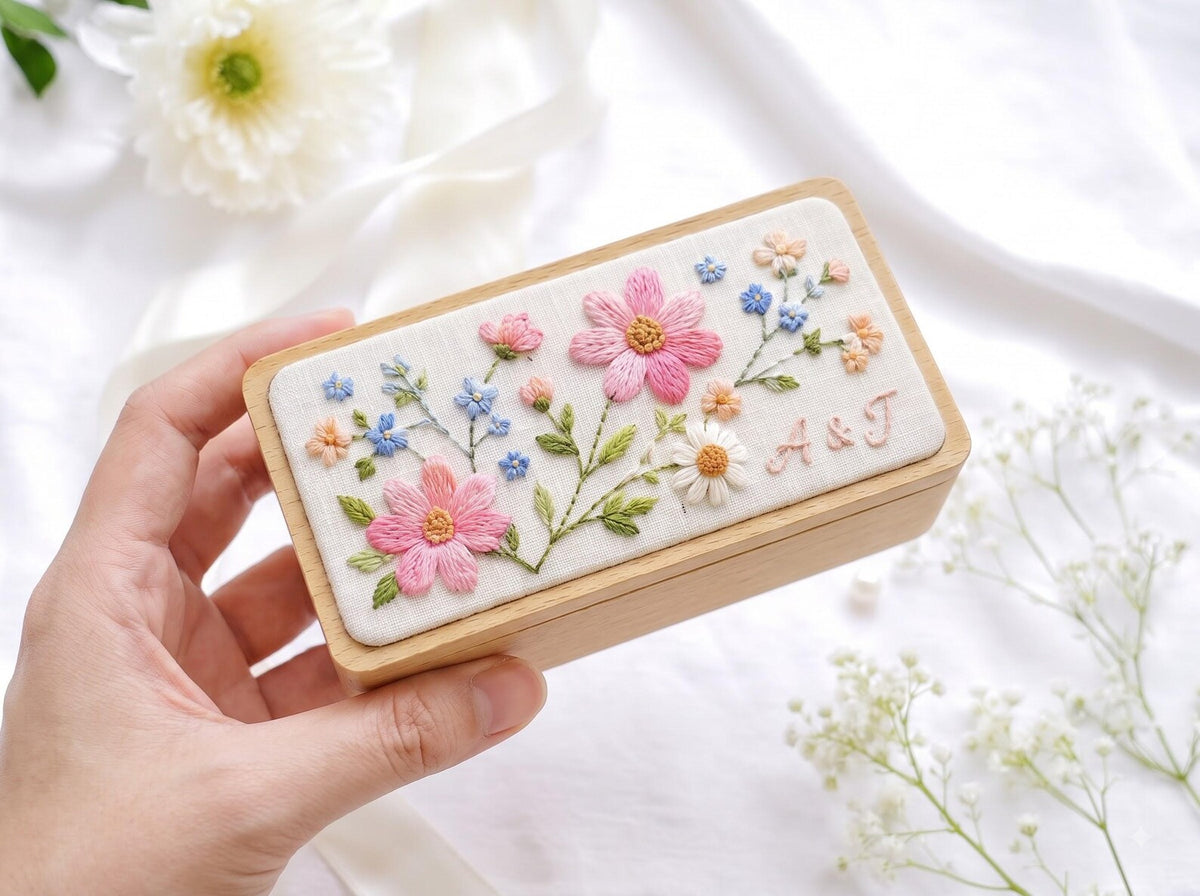 Personalized Pink Cosmos Wedding Ring Box, Hand Embroidered Forget Me Not and Daisy Wooden Jewelry Box, Custom Initials Bridal Keepsake Gift