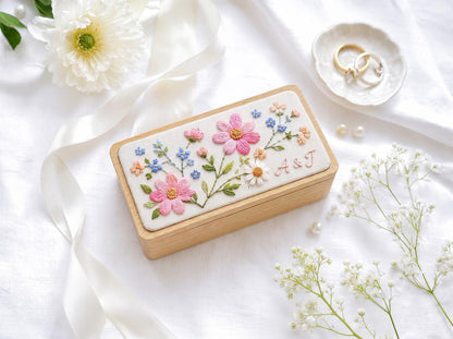 Personalized Pink Cosmos Wedding Ring Box, Hand Embroidered Forget Me Not and Daisy Wooden Jewelry Box, Custom Initials Bridal Keepsake Gift