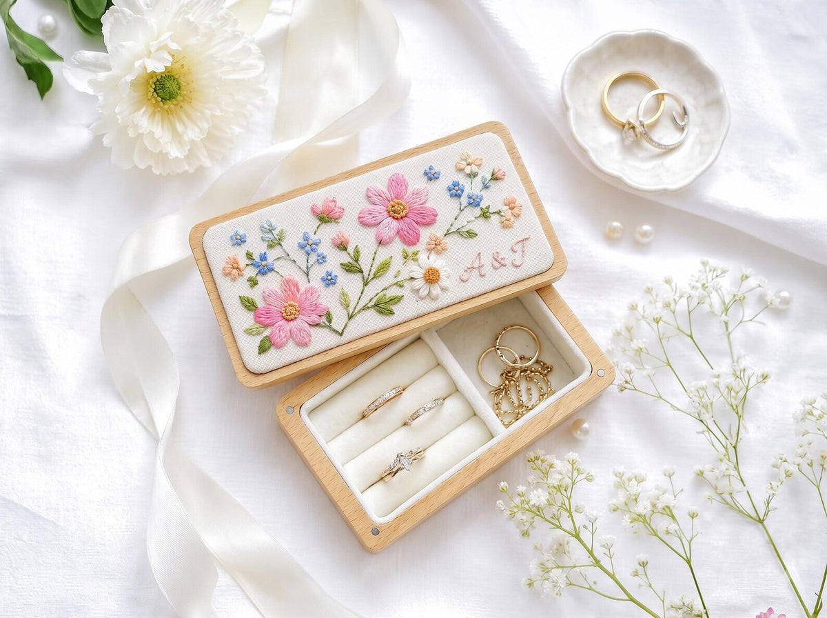 Personalized Pink Cosmos Wedding Ring Box, Hand Embroidered Forget Me Not and Daisy Wooden Jewelry Box, Custom Initials Bridal Keepsake Gift
