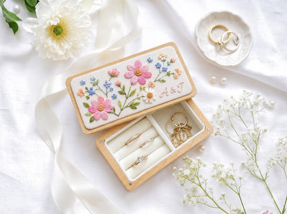 Personalized Pink Cosmos Wedding Ring Box, Hand Embroidered Forget Me Not and Daisy Wooden Jewelry Box, Custom Initials Bridal Keepsake Gift