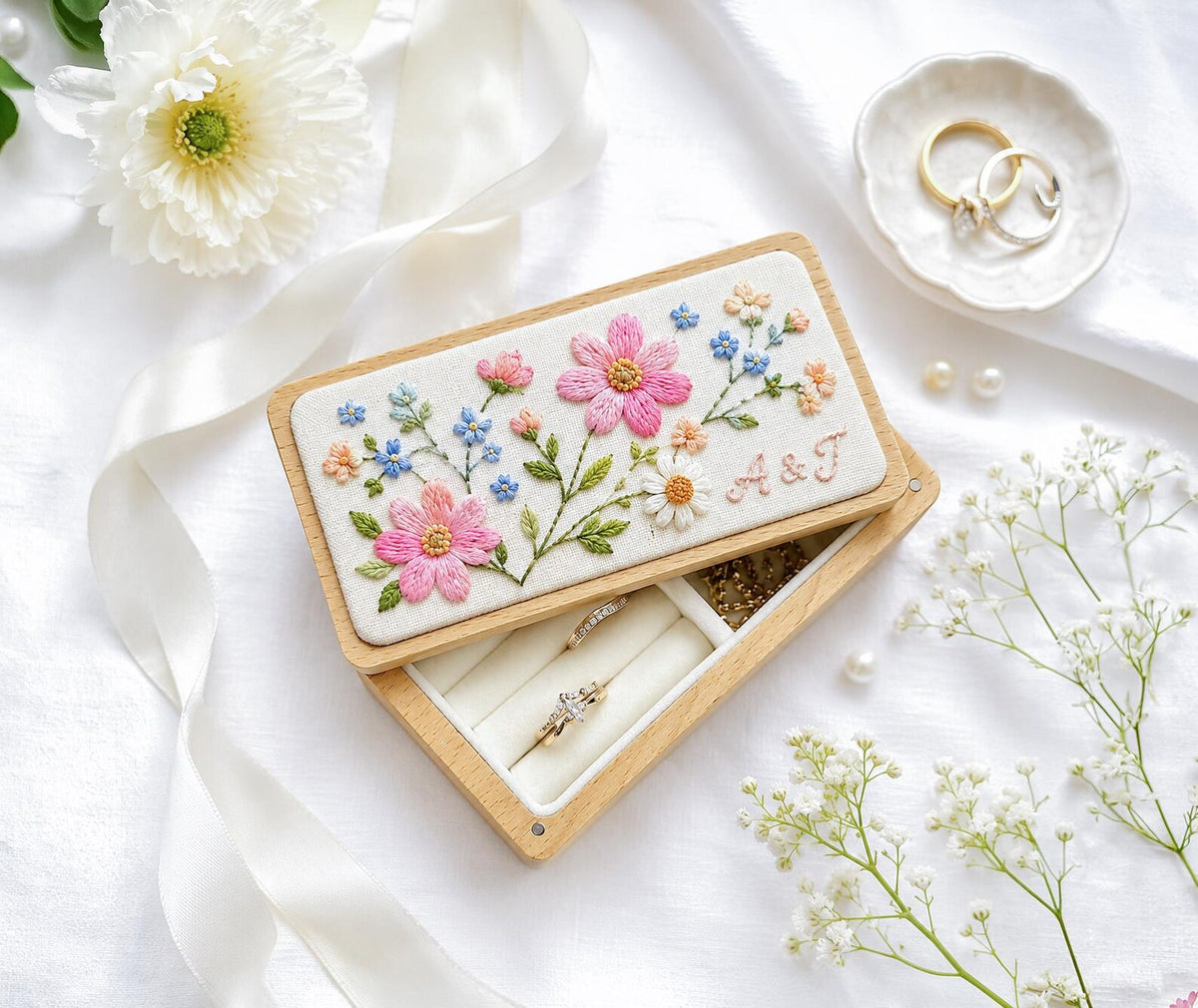 Personalized Pink Cosmos Wedding Ring Box, Hand Embroidered Forget Me Not and Daisy Wooden Jewelry Box, Custom Initials Bridal Keepsake Gift