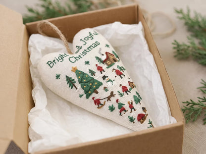Hand Embroidered Christmas Heart Ornament, Linen Holiday Hanging Decoration, Rustic Winter Scene, Handmade Xmas Tree Keepsake Gift