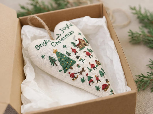Hand Embroidered Christmas Heart Ornament, Linen Holiday Hanging Decoration, Rustic Winter Scene, Handmade Xmas Tree Keepsake Gift