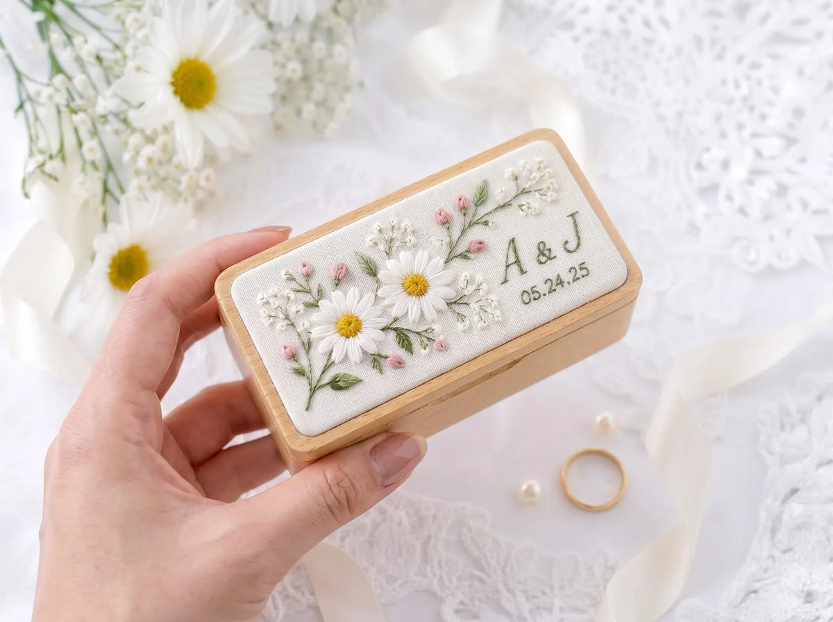 Personalized Hand Embroidered Wooden Ring Box, Daisy Wedding Ring Holder, Custom Initials and Date, Floral Heirloom Engagement Keepsake Gift