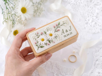 Personalized Hand Embroidered Wooden Ring Box, Daisy Wedding Ring Holder, Custom Initials and Date, Floral Heirloom Engagement Keepsake Gift