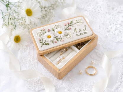 Personalized Hand Embroidered Wooden Ring Box, Daisy Wedding Ring Holder, Custom Initials and Date, Floral Heirloom Engagement Keepsake Gift