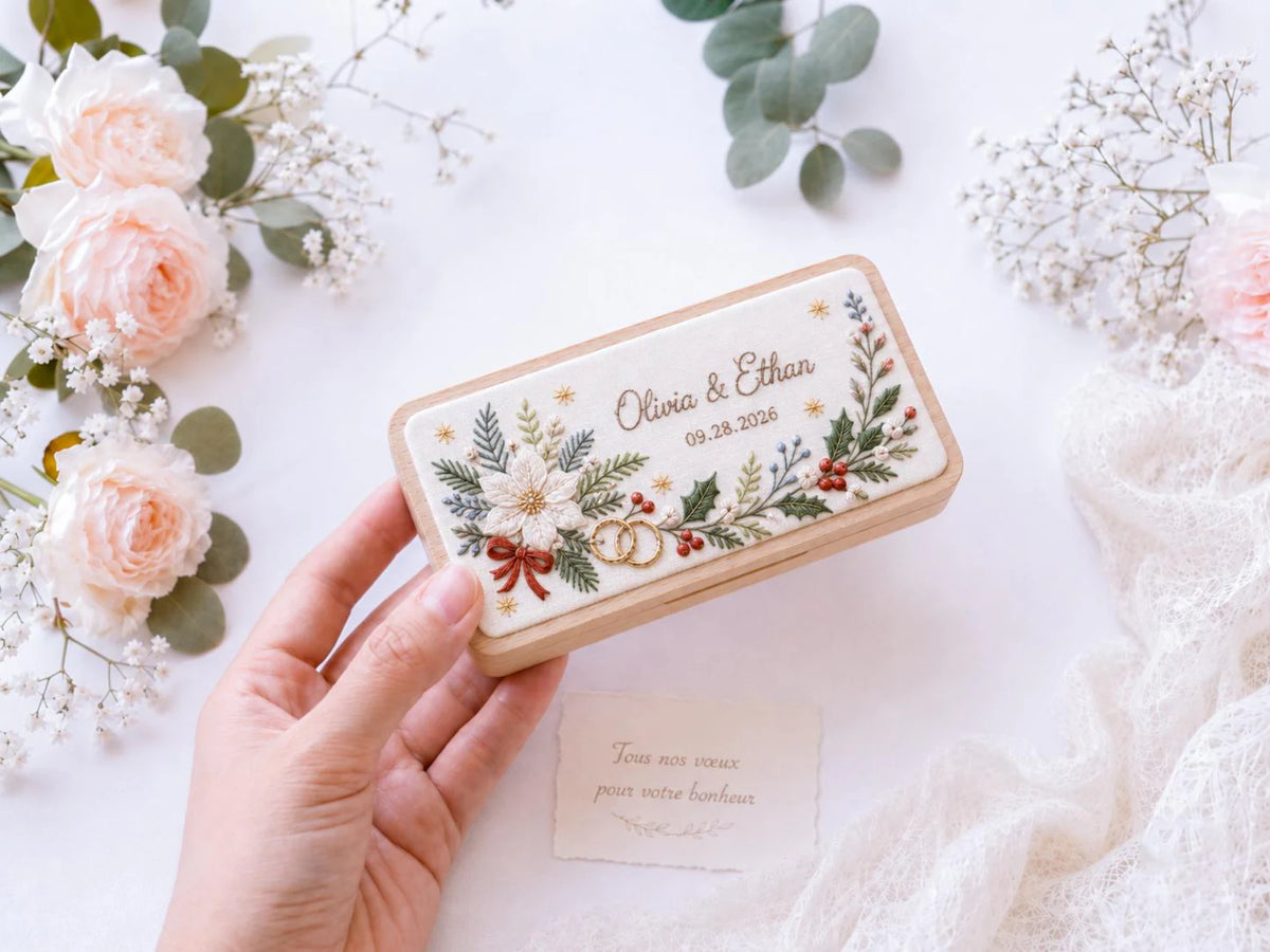 Personalized Wedding Ring Box, Hand Embroidered Wooden Ring Holder, Custom Names and Date, Winter Botanical Christmas Heirloom Keepsake Gift