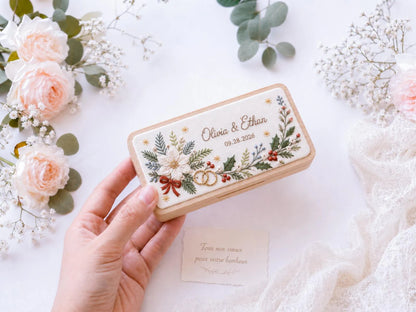 Personalized Wedding Ring Box, Hand Embroidered Wooden Ring Holder, Custom Names and Date, Winter Botanical Christmas Heirloom Keepsake Gift