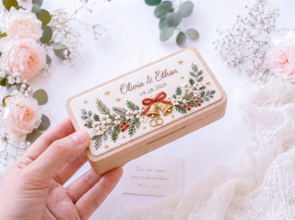Personalized Christmas Wedding Ring Box, Hand Embroidered Wooden Ring Holder, Custom Names and Date, Evergreen Bridal Heirloom Keepsake Gift