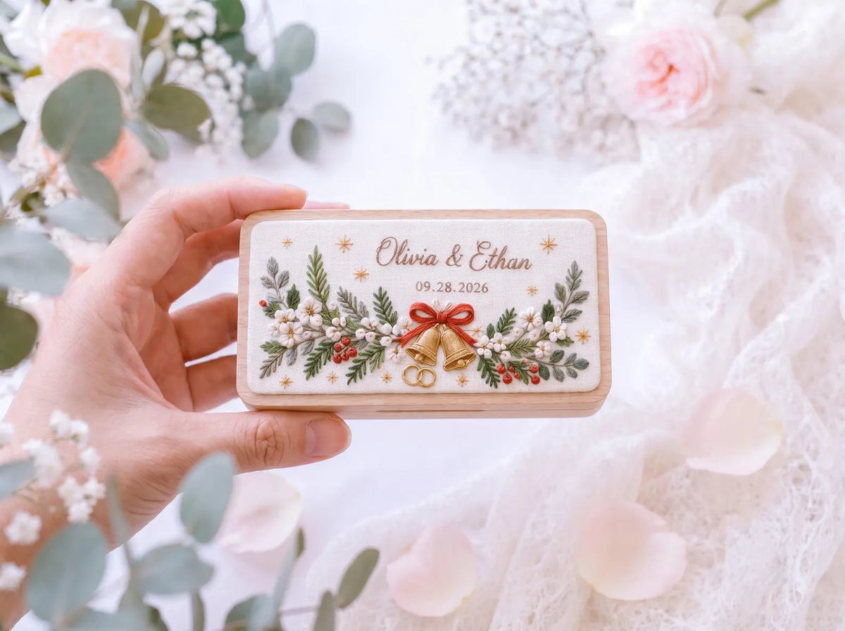 Personalized Christmas Wedding Ring Box, Hand Embroidered Wooden Ring Holder, Custom Names and Date, Evergreen Bridal Heirloom Keepsake Gift
