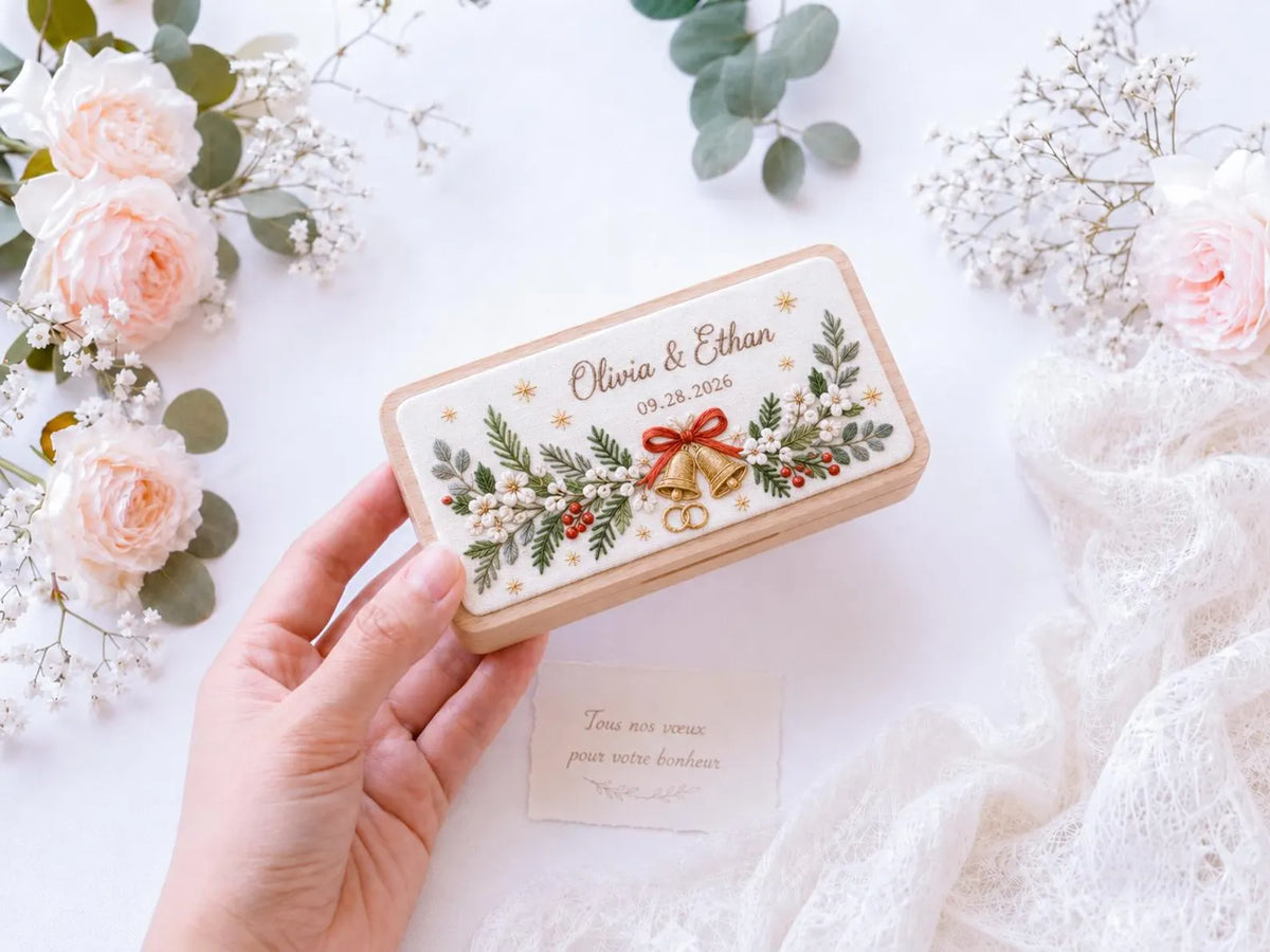 Personalized Christmas Wedding Ring Box, Hand Embroidered Wooden Ring Holder, Custom Names and Date, Evergreen Bridal Heirloom Keepsake Gift