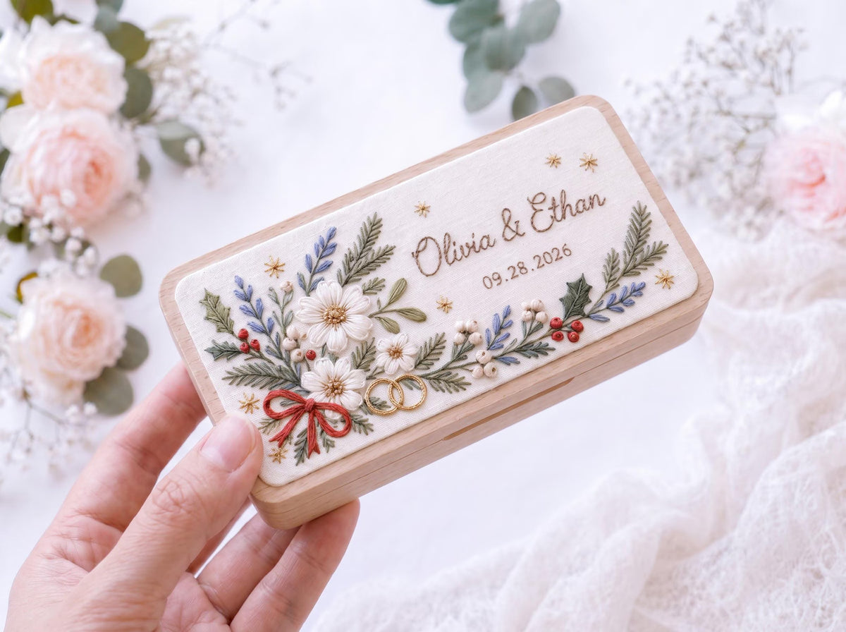 Personalized Christmas Wedding Ring Box, Hand Embroidered Wooden Ring Holder, Custom Names and Date, Evergreen Bridal Heirloom Keepsake Gift