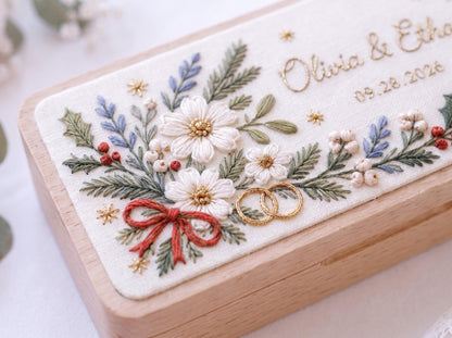 Personalized Christmas Wedding Ring Box, Hand Embroidered Wooden Ring Holder, Custom Names and Date, Evergreen Bridal Heirloom Keepsake Gift