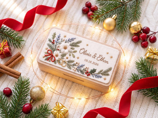 Personalized Christmas Wedding Ring Box, Hand Embroidered Wooden Ring Holder, Custom Names and Date, Evergreen Bridal Heirloom Keepsake Gift