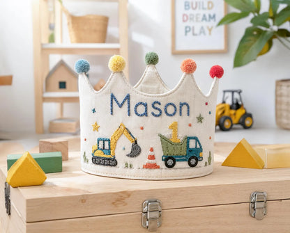 Personalized Construction Birthday Crown, Hand Embroidered Linen Party Hat, Custom Name and Age, First Birthday Gift for Little Boy Keepsake